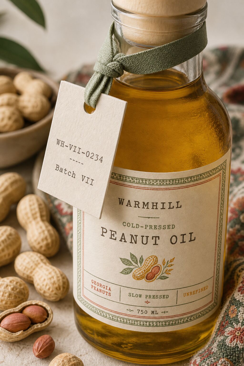 Cold-Pressed Peanut Oil - Cold-pressed peanut oil bottle with batch tag